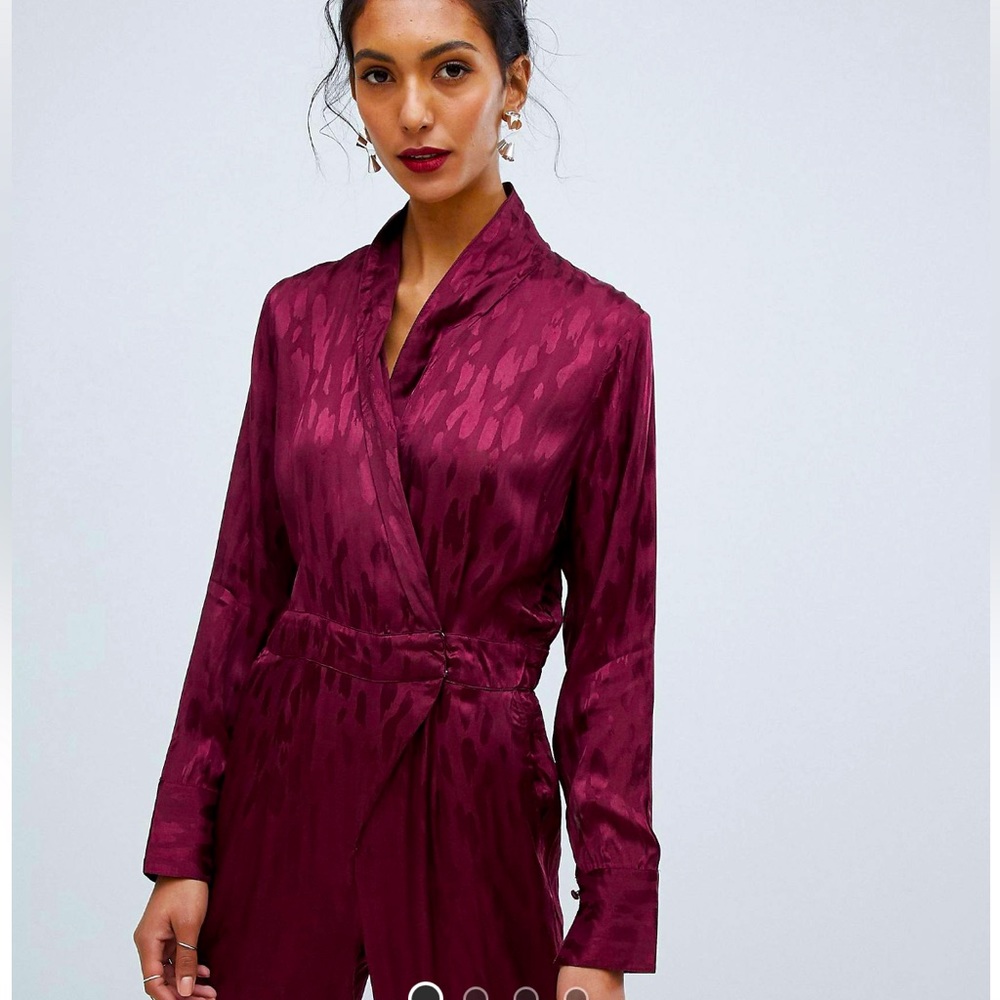 ASOS Tall Womens Burgundy Wrap Satin Jumpsuit